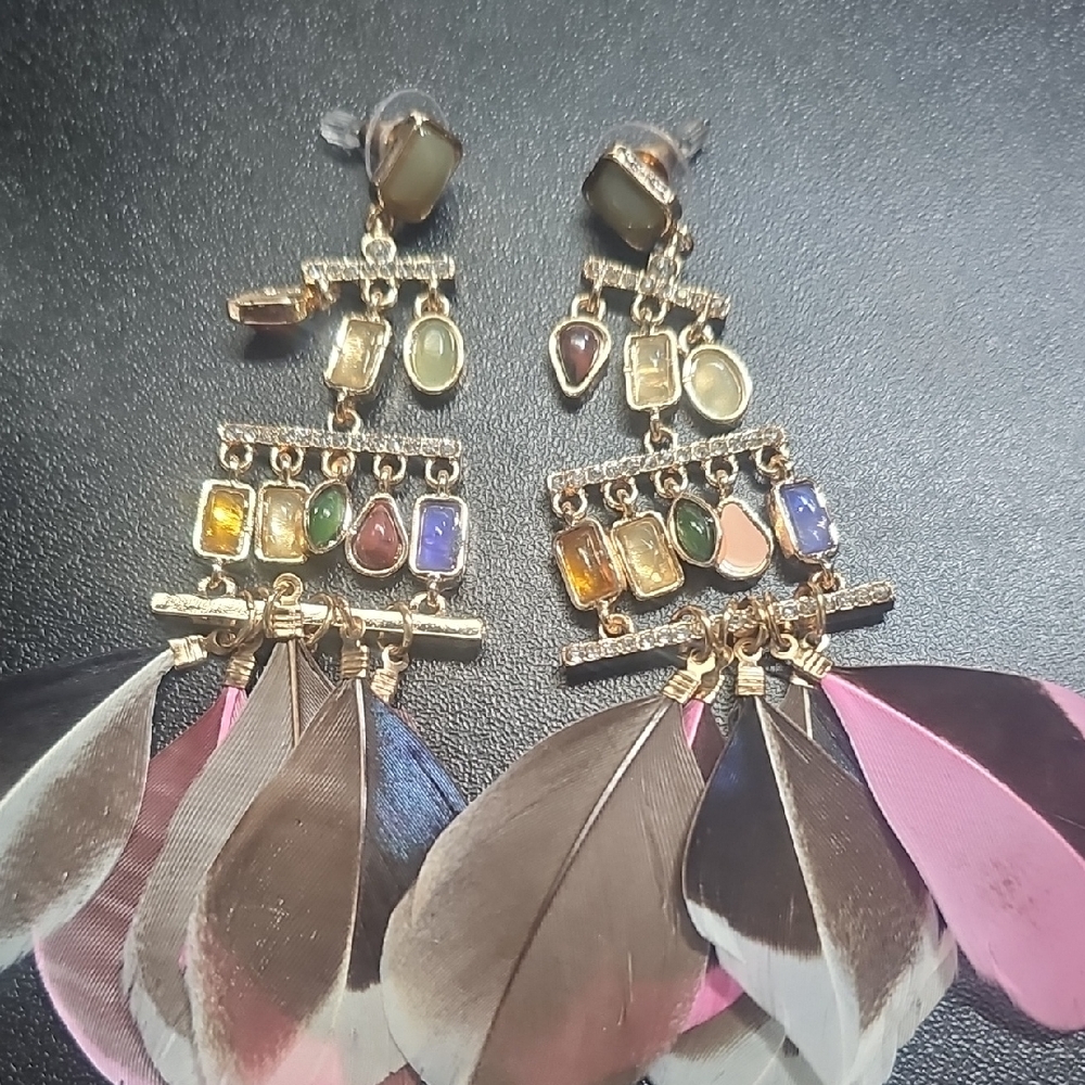 Boho Gold-Tone Multicolor Gem & Feather Drop Earrings